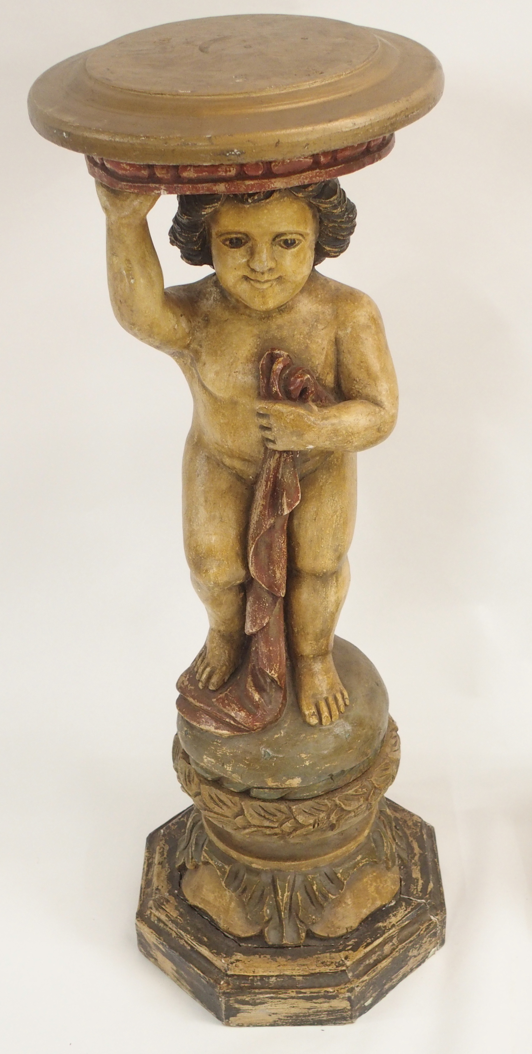 A PAIR OF CONTINENTAL POLYCHROME PINE PEDESTALS each carved with putti holding a robe and standing - Image 2 of 15