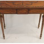 A GEORGE III STYLE SATINWOOD, MAHOGANY CROSSBANDED, INLAID AND PAINTED D-SHAPED SIDE TABLE the top