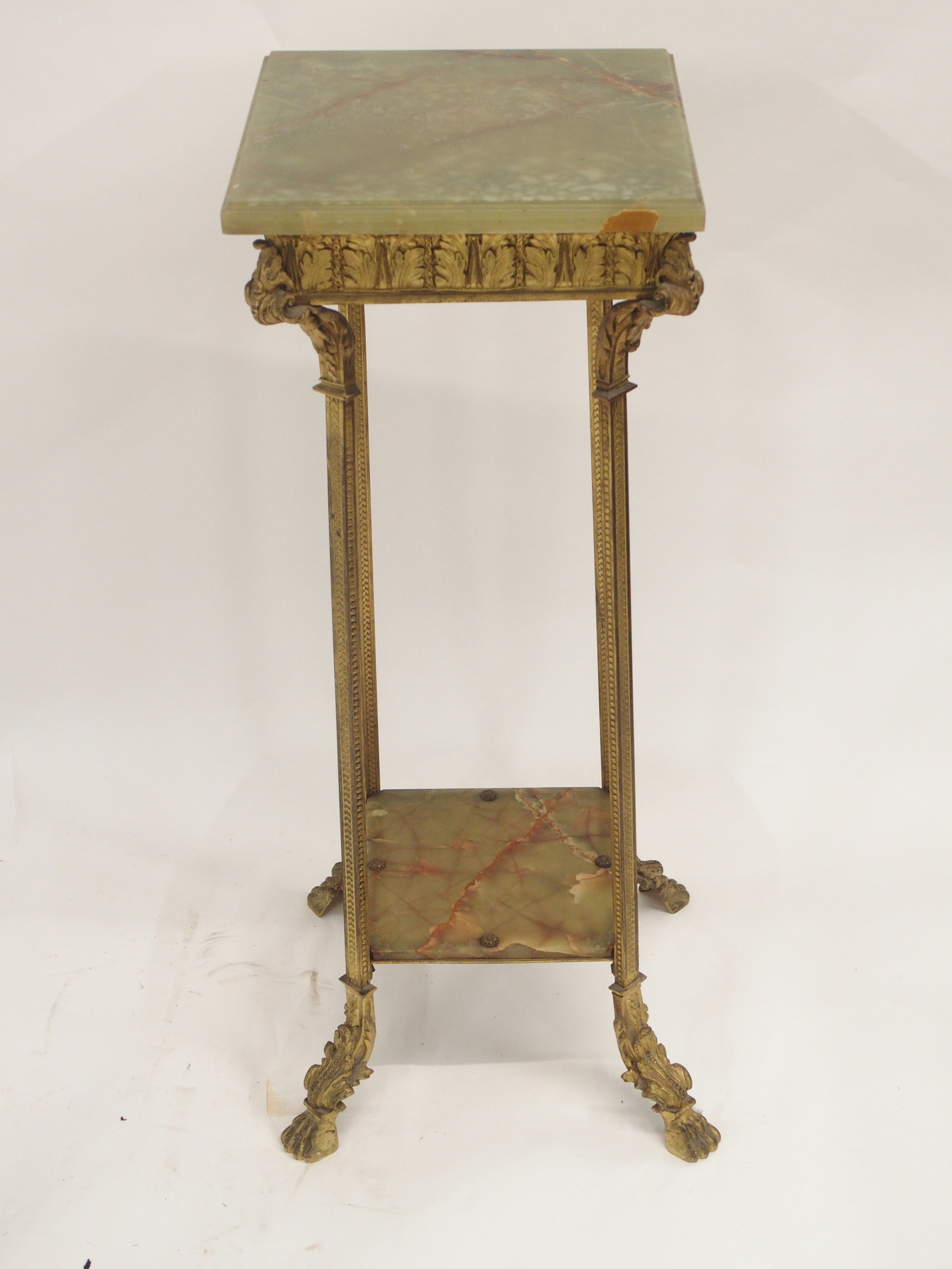 A GILT METAL AND GREEN ONYX PEDESTAL cast with acanthus leaf and on square legs joined by a shelf - Image 8 of 10