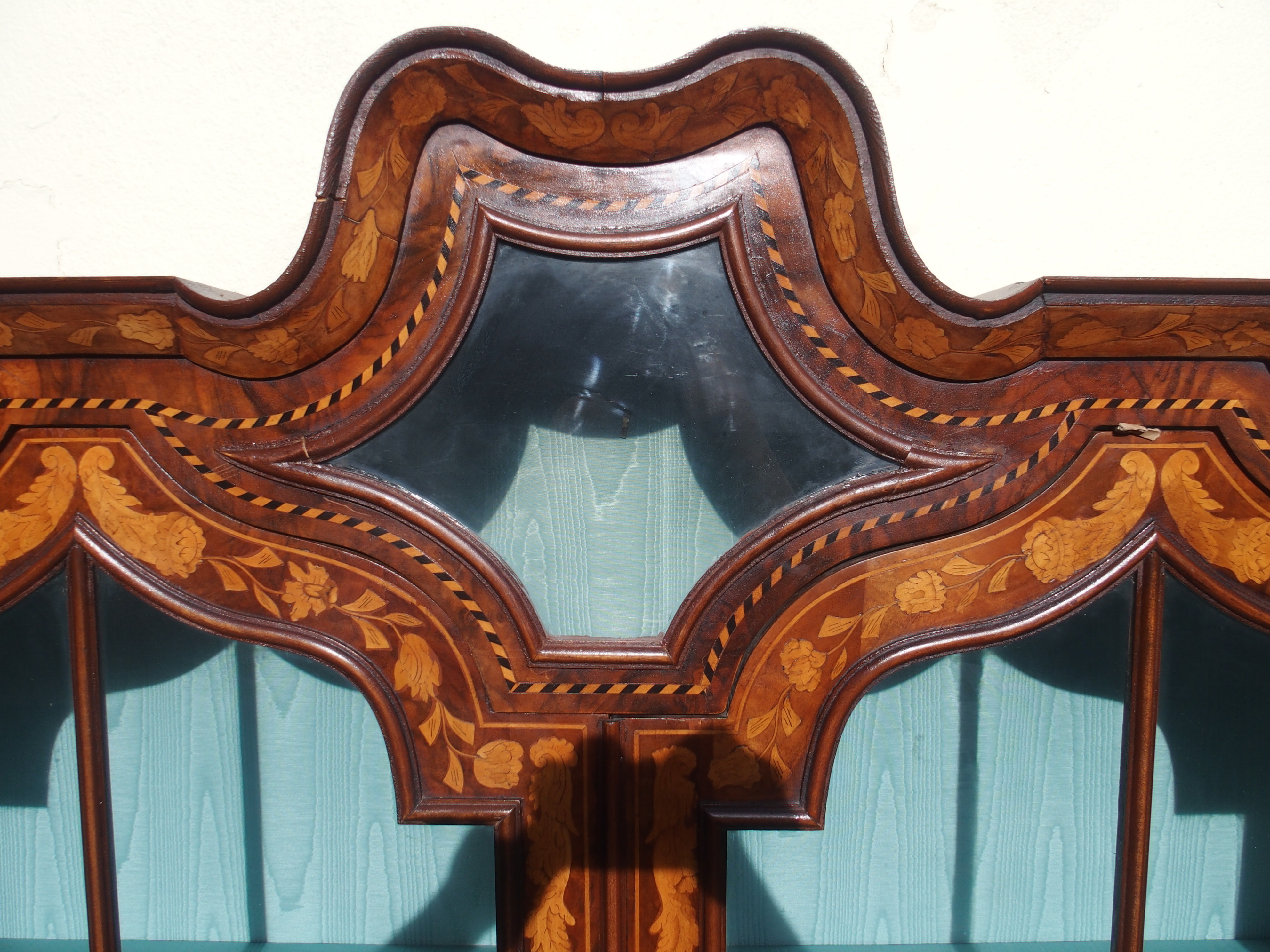 A DUTCH MARQUETRY WALNUT DISPLAY CABINET the scroll shaped hood divided by a glazed panel surrounded - Image 9 of 16