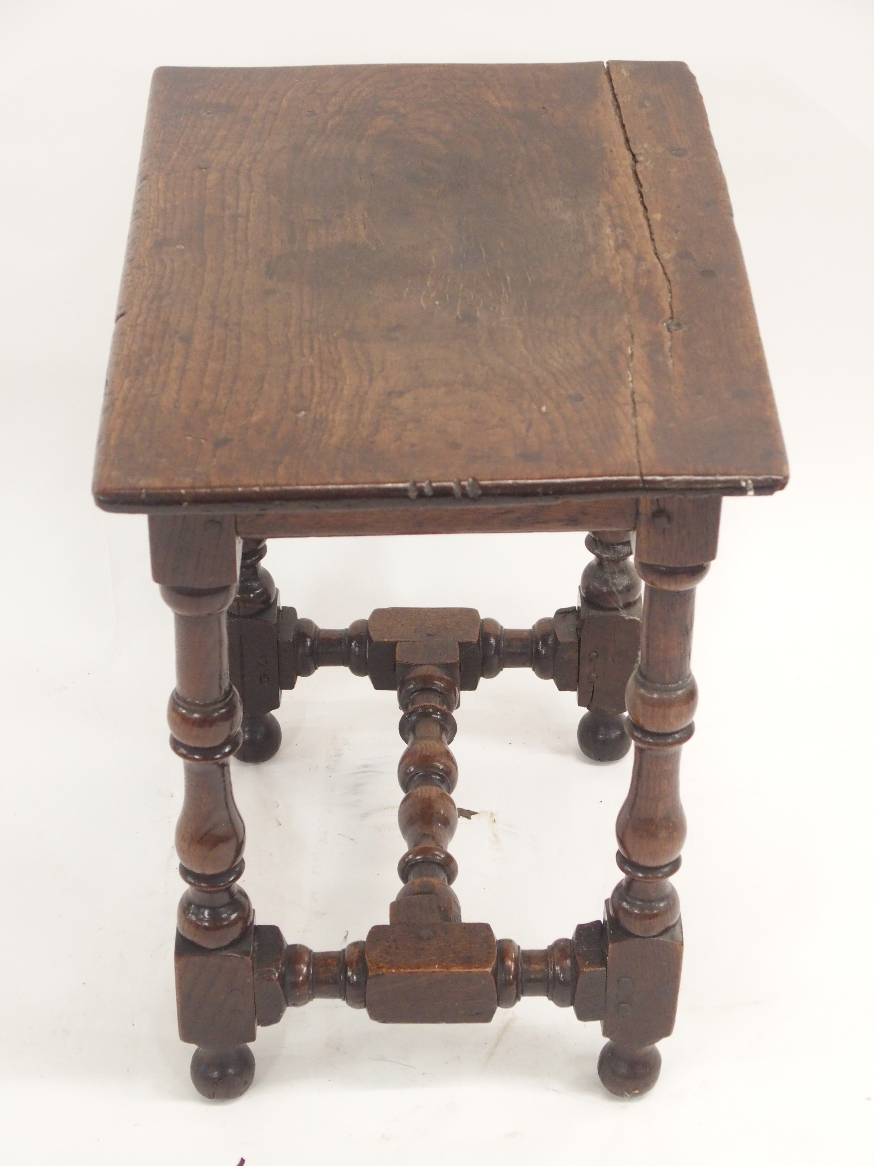 AN 18TH CENTURY AND LATER OAK JOINT STOOL the broad seat on ring turned baluster legs, joined by - Image 7 of 10