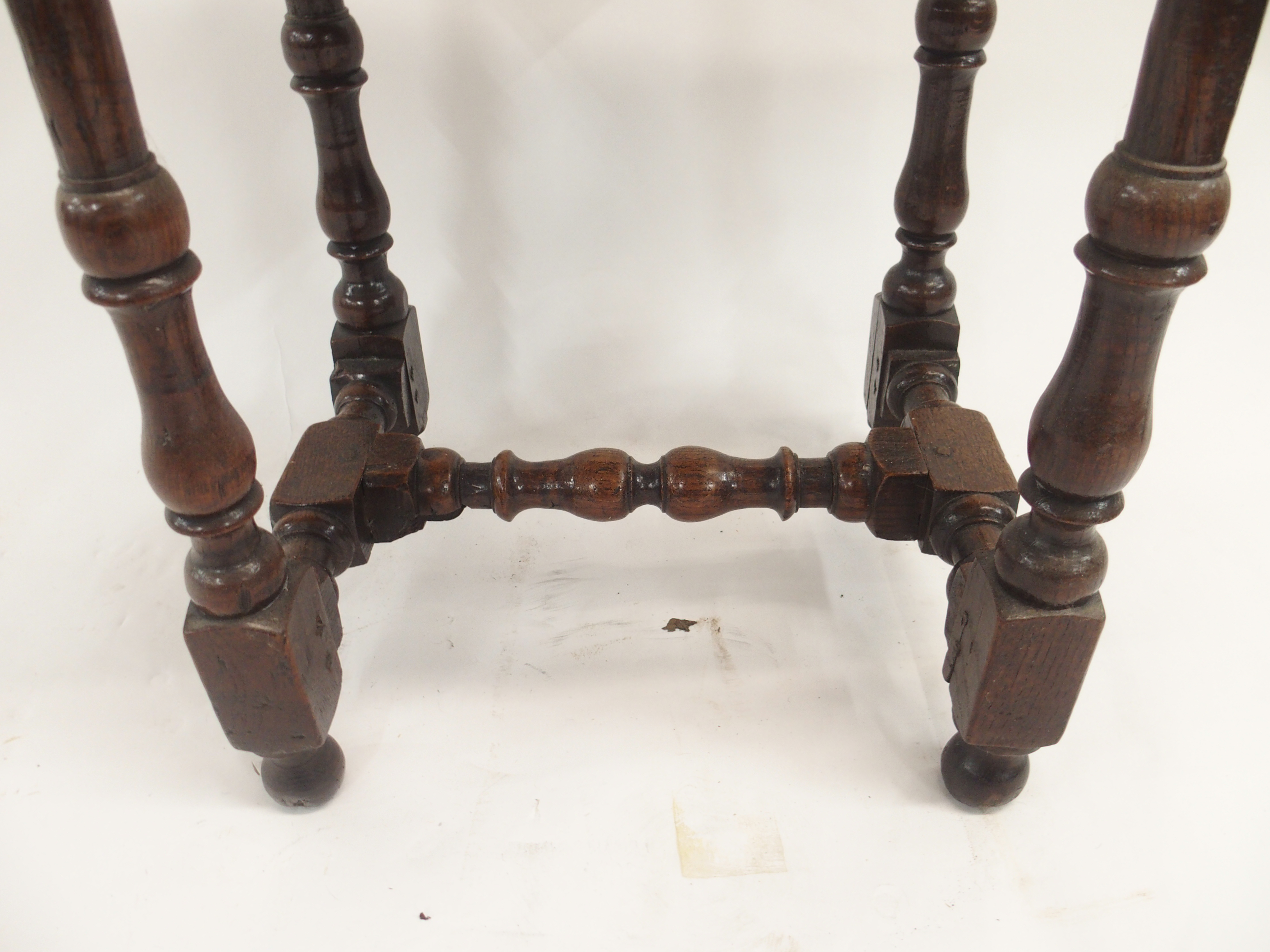 AN 18TH CENTURY AND LATER OAK JOINT STOOL the broad seat on ring turned baluster legs, joined by - Image 5 of 10