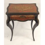 A FRENCH BOULLE ROSEWOOD AND GILT METAL MOUNTED SEWING TABLE the hinged top fitted with a mirror,