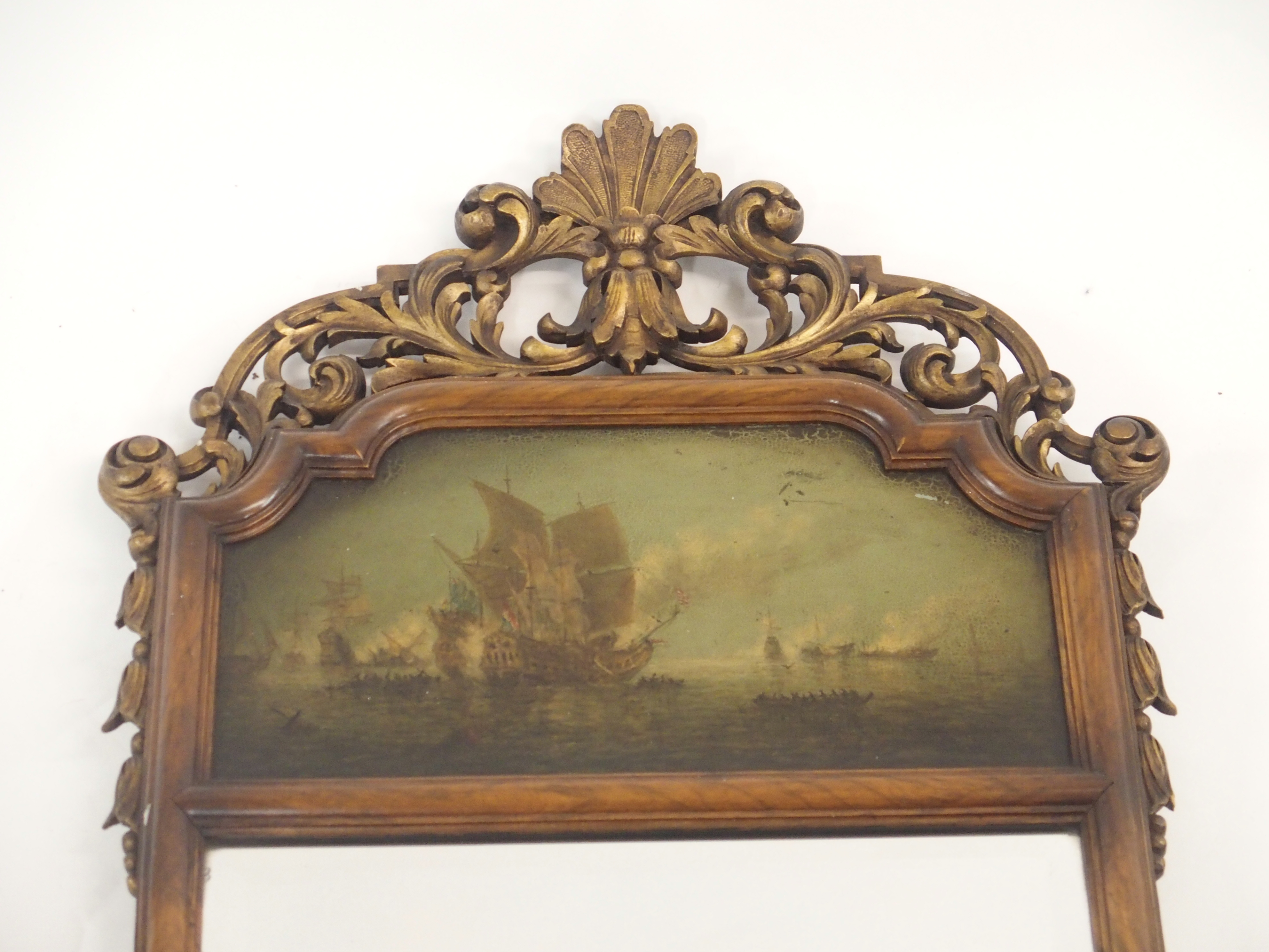 A GEORGIAN DESIGN WALNUT PIER MIRROR with carved foliate gilt surmount, above a marine painted - Image 3 of 9