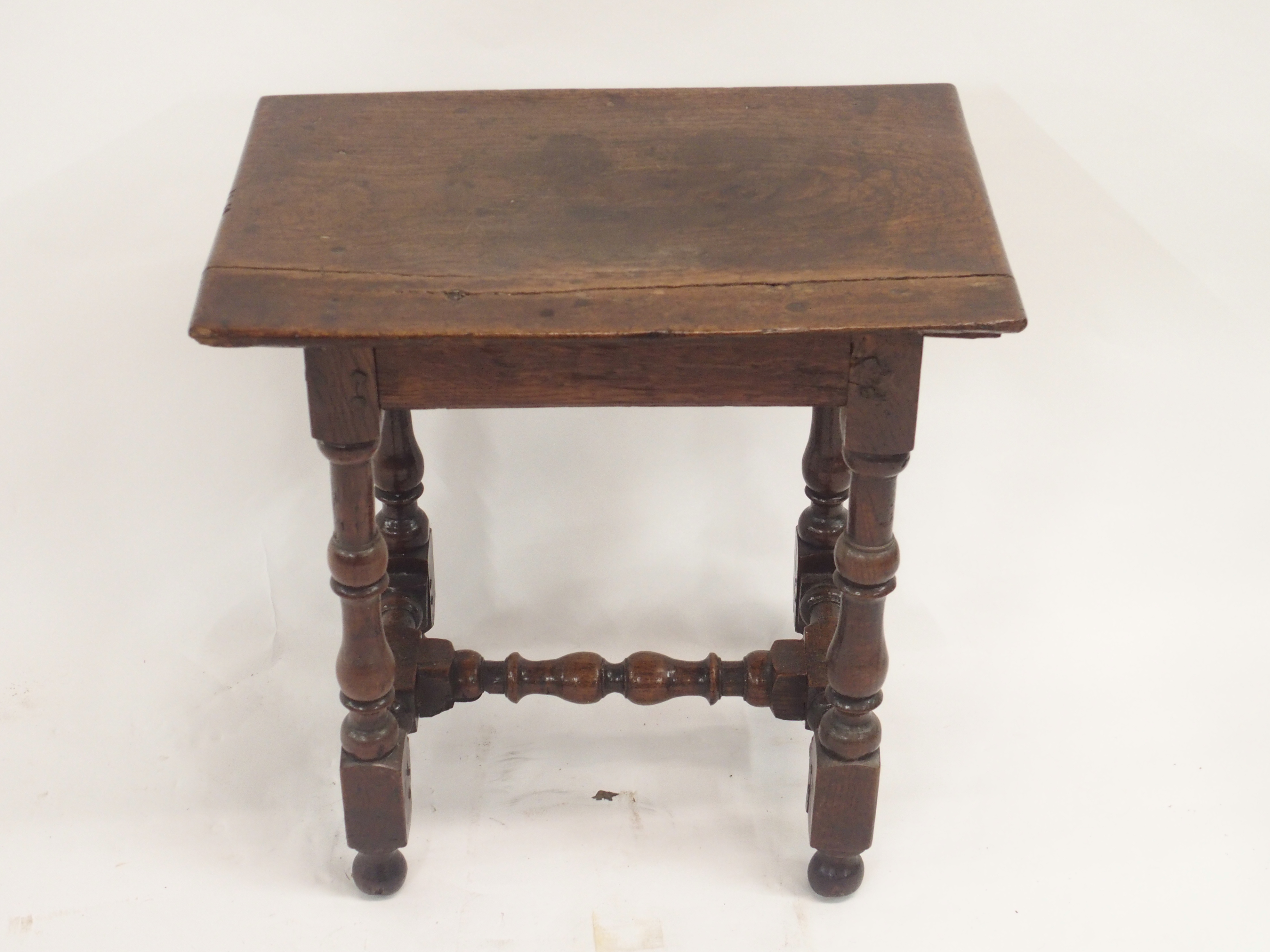 AN 18TH CENTURY AND LATER OAK JOINT STOOL the broad seat on ring turned baluster legs, joined by - Image 9 of 10