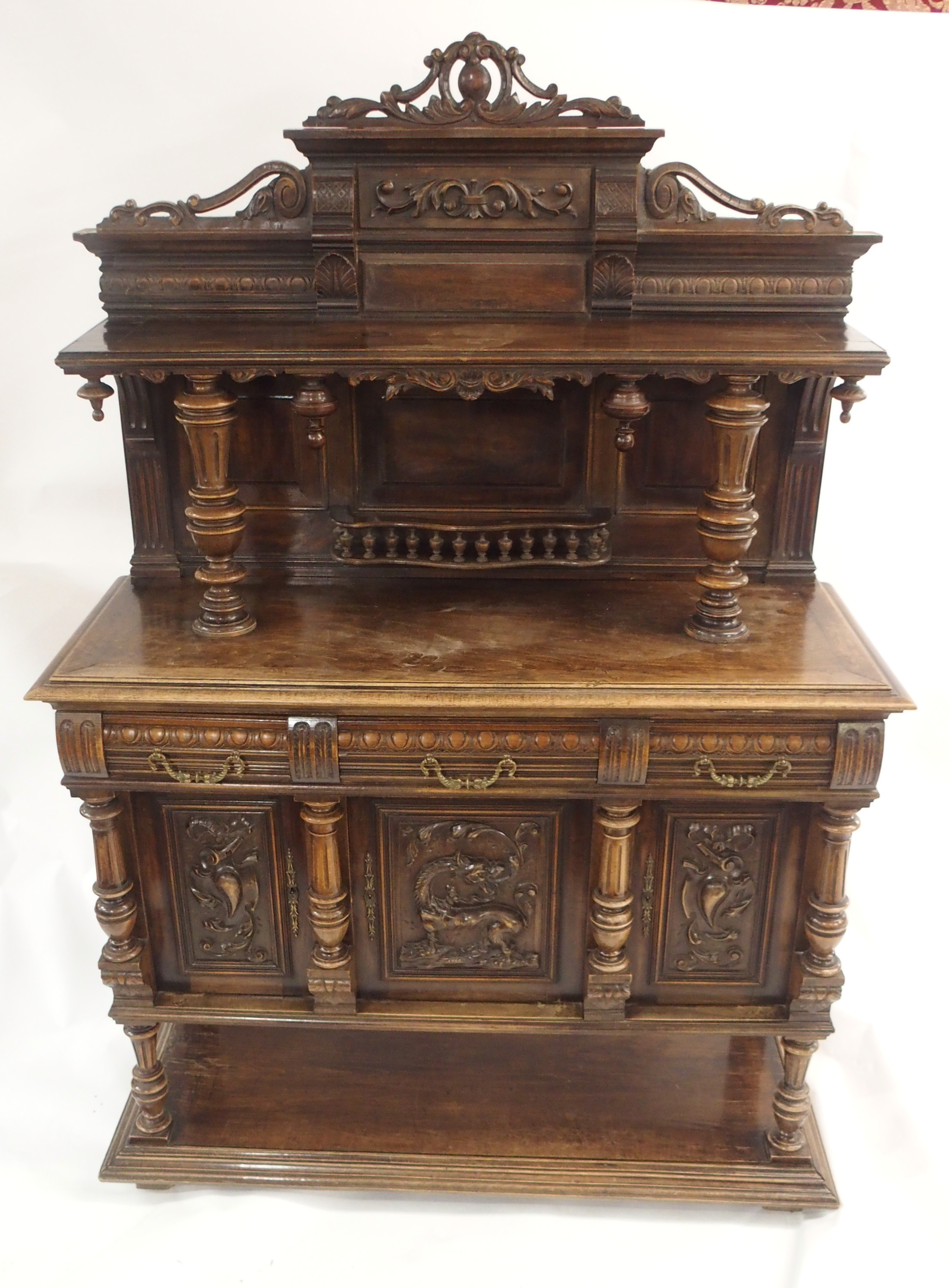 A CONTINENTAL WALNUT SIDEBOARD the back with broad shelf on fluted supports,above a gallery and - Image 2 of 33