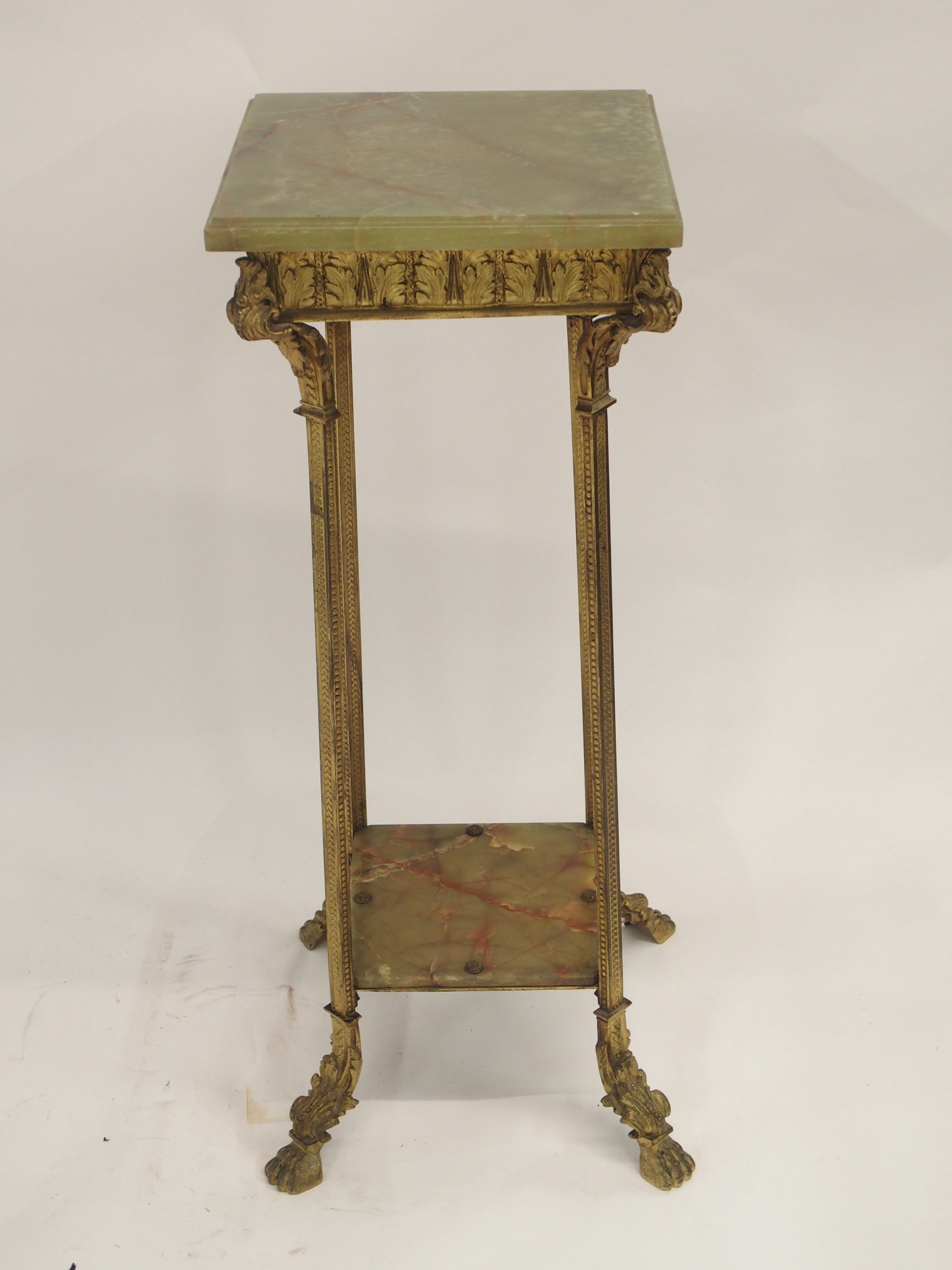 A GILT METAL AND GREEN ONYX PEDESTAL cast with acanthus leaf and on square legs joined by a shelf - Image 2 of 10