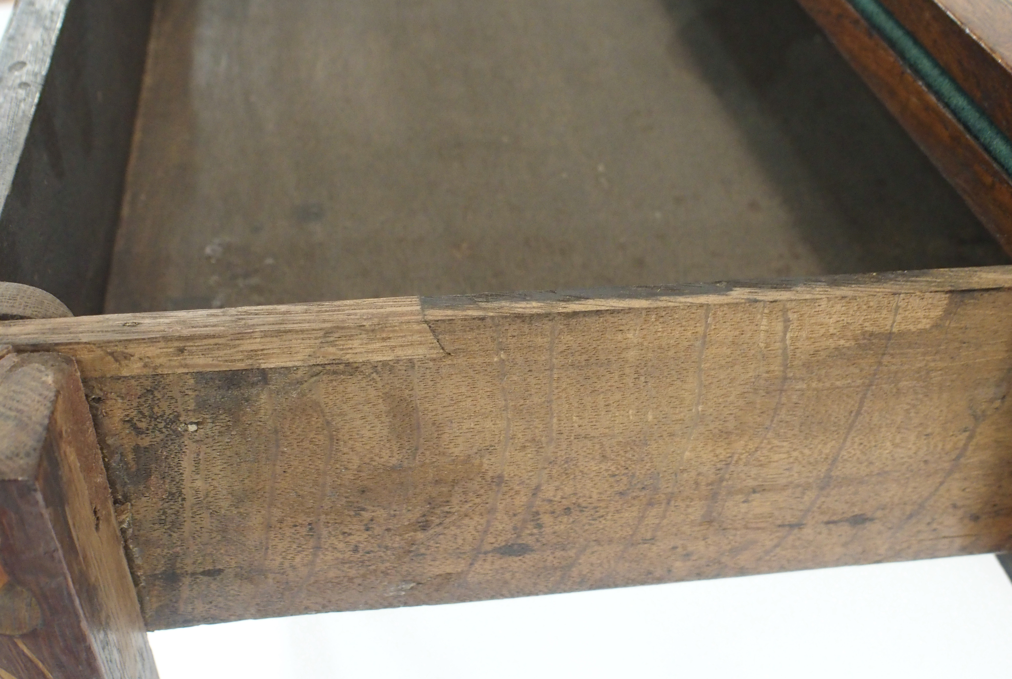 A DUTCH MARQUETRY OAK FOLD OVER CARD TABLE decorated with a basket of ribbon tied flowers, - Image 8 of 10