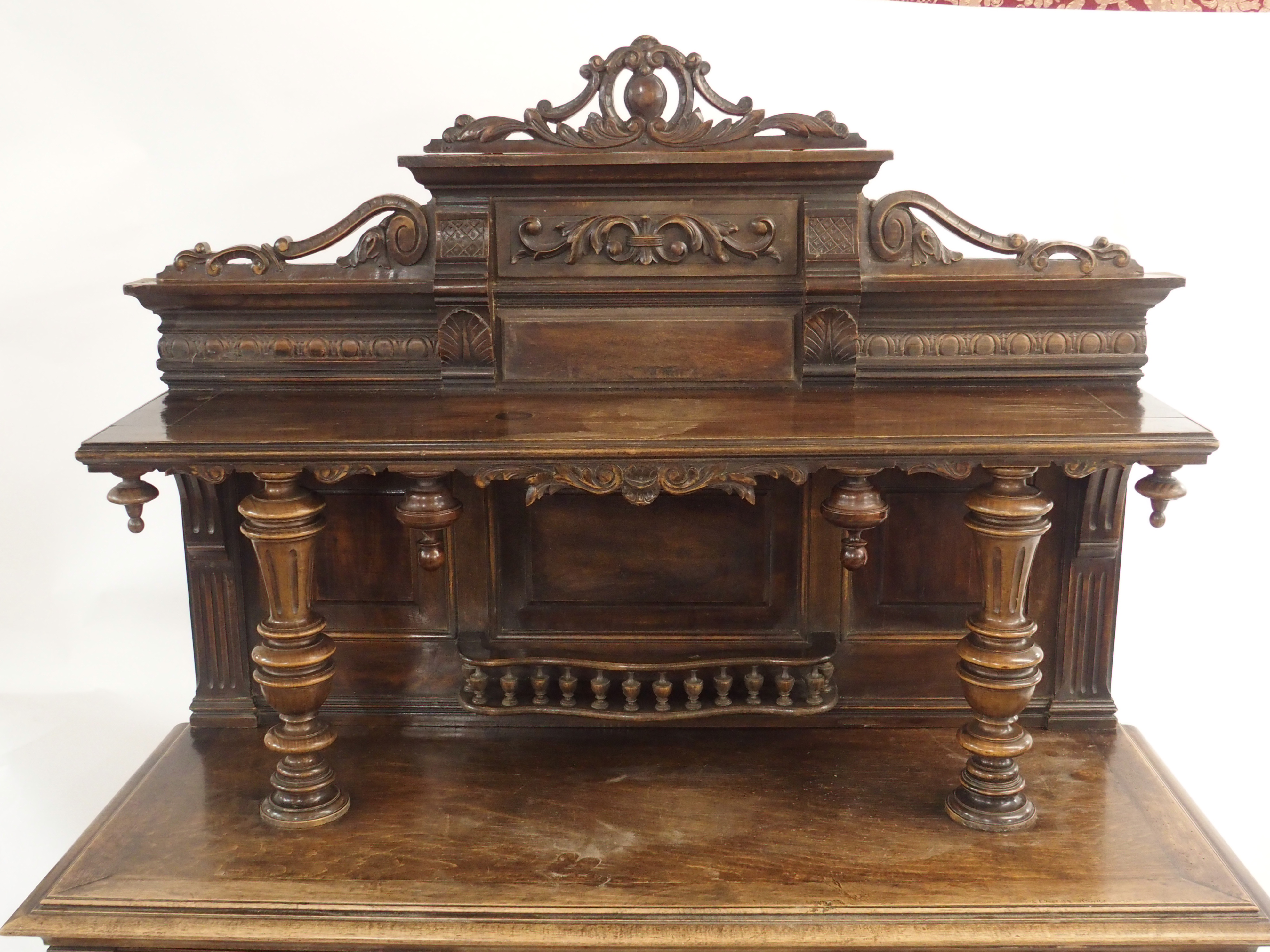 A CONTINENTAL WALNUT SIDEBOARD the back with broad shelf on fluted supports,above a gallery and - Image 23 of 33