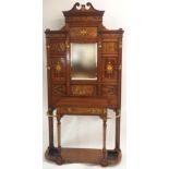 A VICTORIAN WALNUT HALL STAND with mirror back surrounded by inlaid urn panels, fitted with six