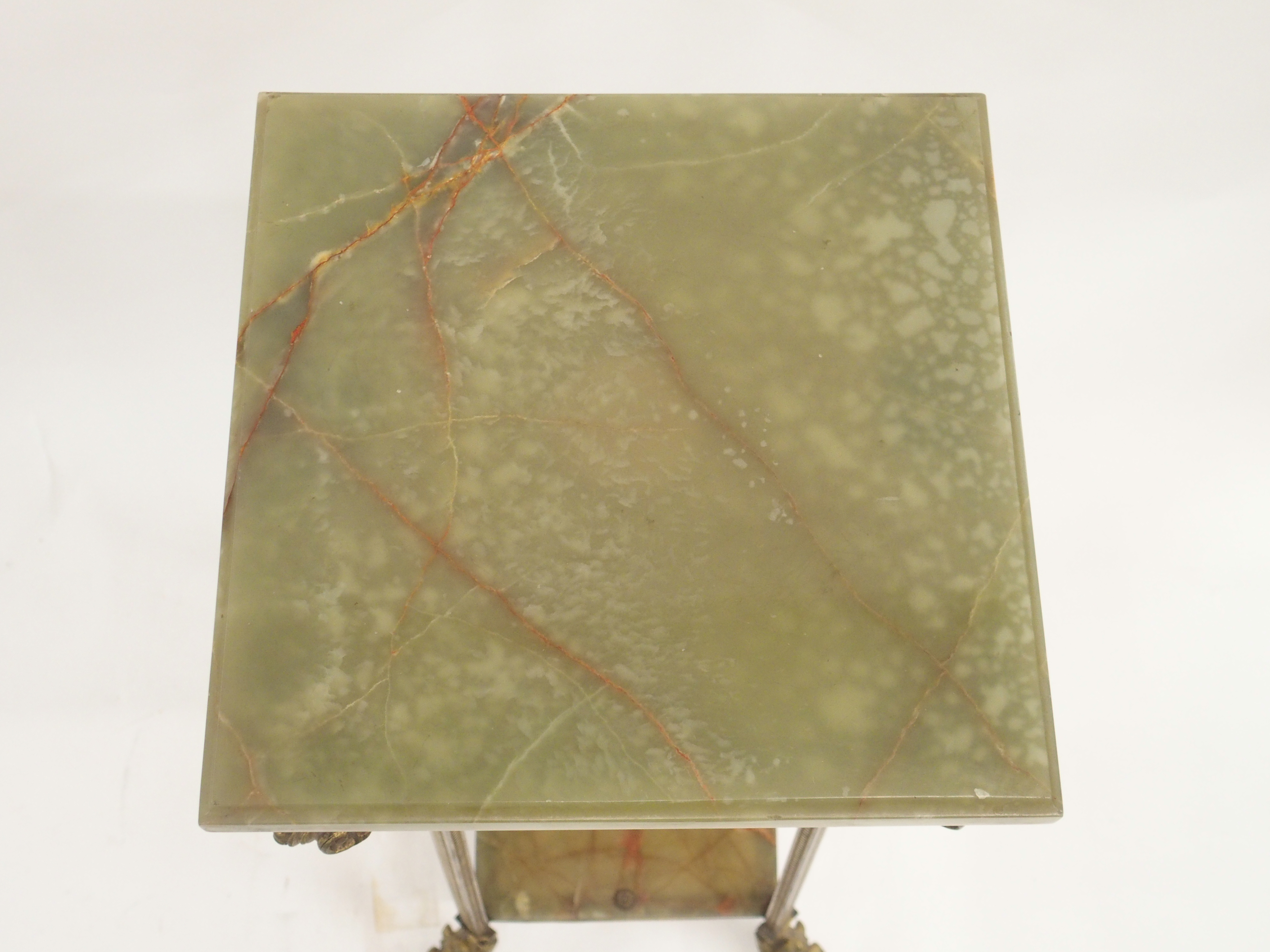 A GILT METAL AND GREEN ONYX PEDESTAL cast with acanthus leaf and on square legs joined by a shelf - Image 3 of 10