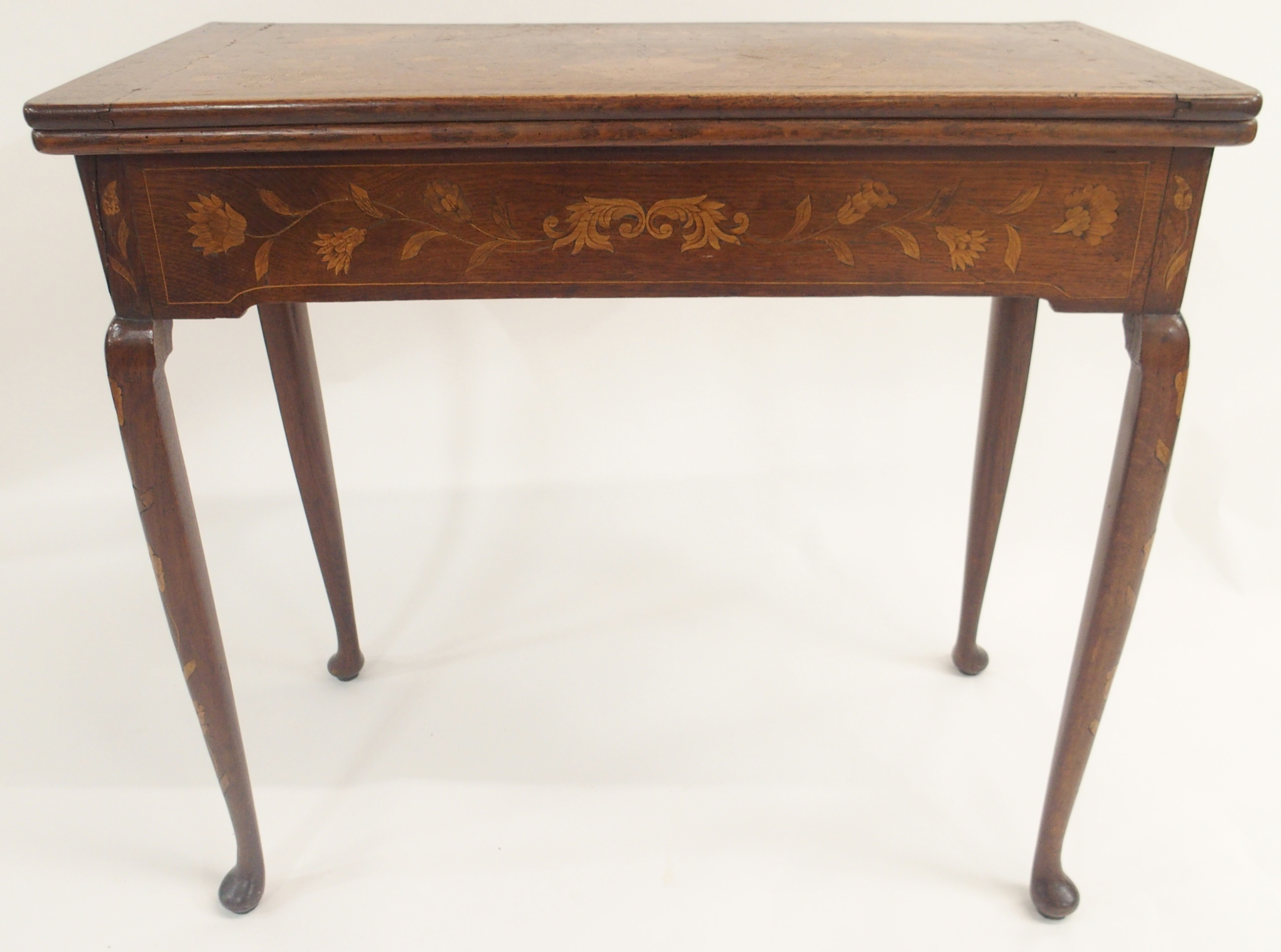 A DUTCH MARQUETRY OAK FOLD OVER CARD TABLE decorated with a basket of ribbon tied flowers, - Image 3 of 10