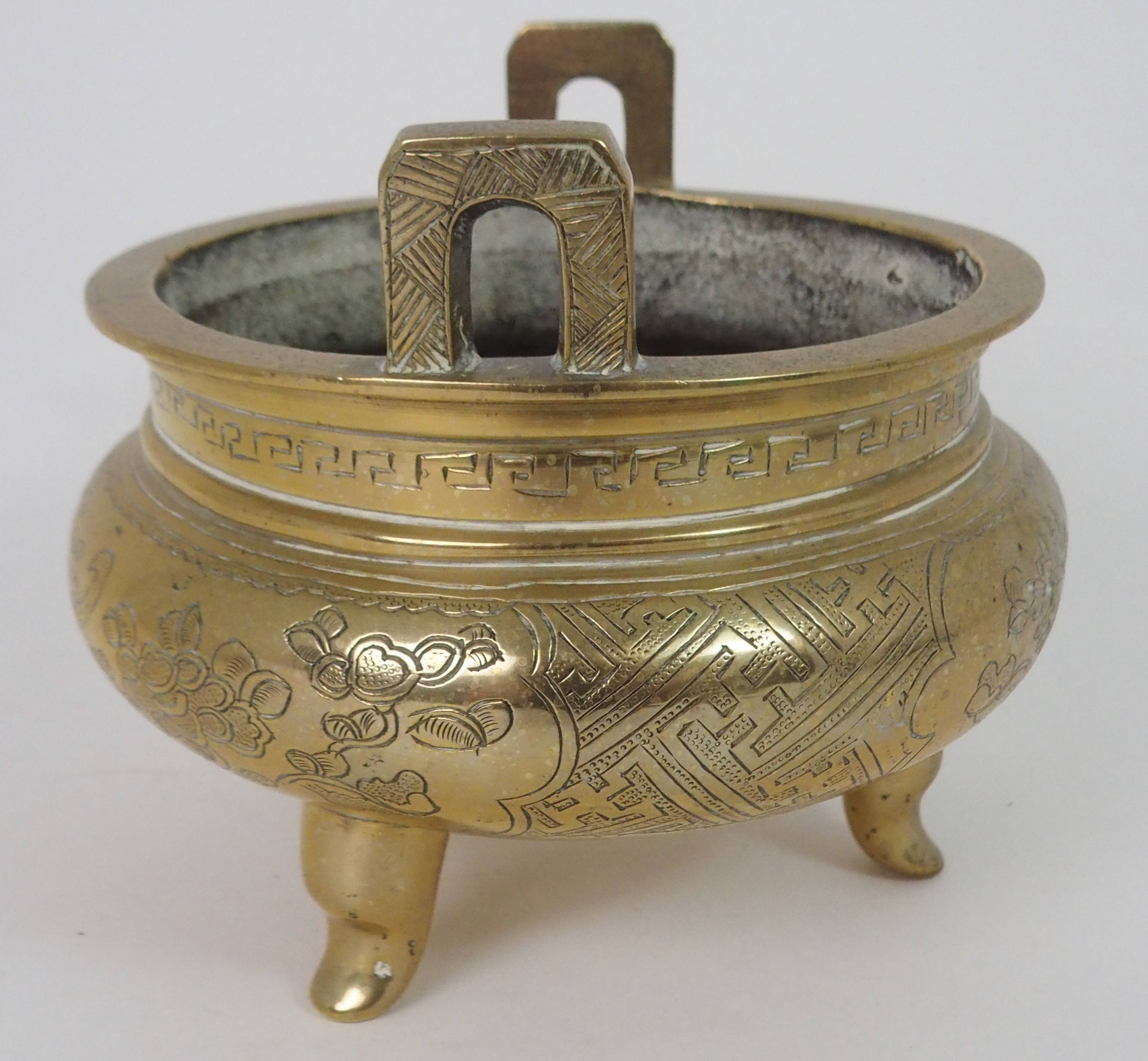 A CHINESE BRASS INCENSE BURNER with lug handles above a key pattern band and decorated with precious - Image 2 of 6