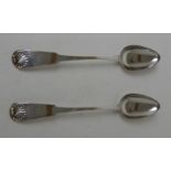 A PAIR OF SILVER BASTING SPOONS by Forrests, Edinburgh 1822, fiddle pattern, the terminals with