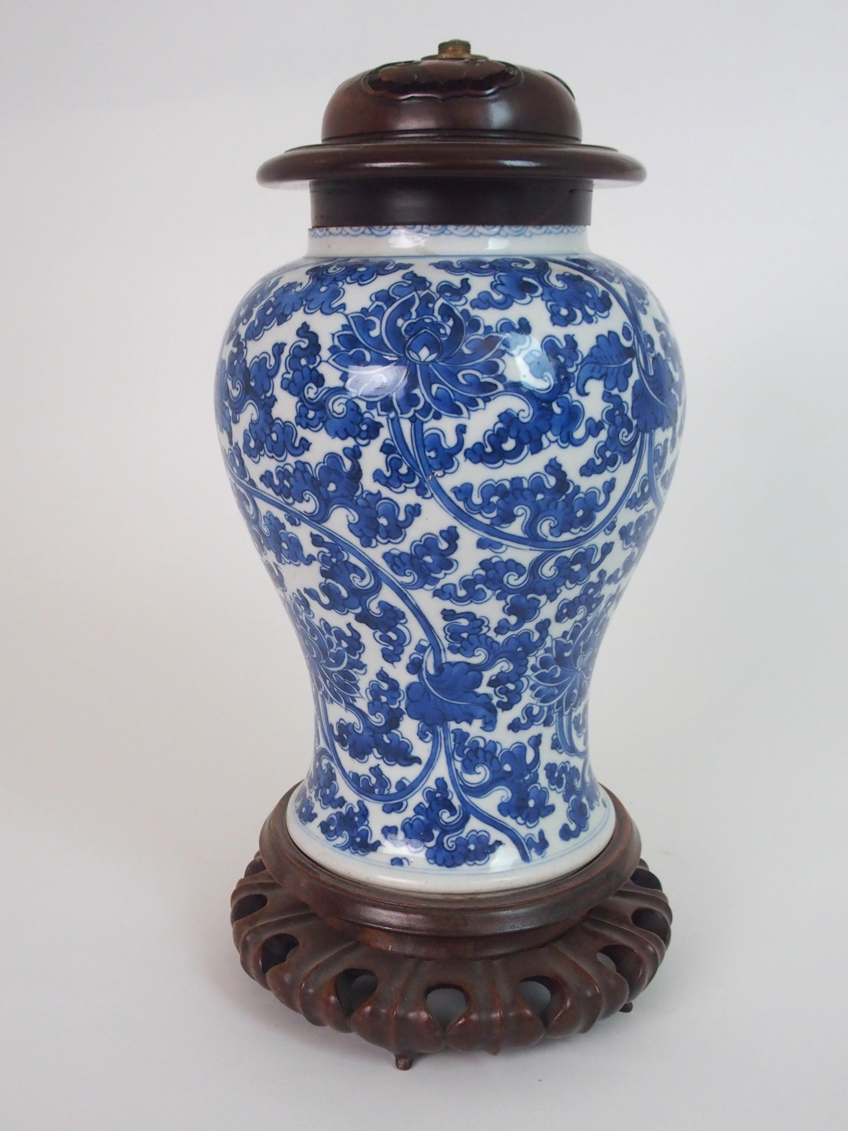 A CHINESE BLUE AND WHITE BALUSTER VASE painted with peonies and scrolling foliage, fitted with later - Image 4 of 6