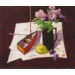 •JAMES ORR (SCOTTISH 1931-2019) STILL LIFE WITH BOAT Acrylic on board, signed, 29.5 x 39.5cm (11 1/2