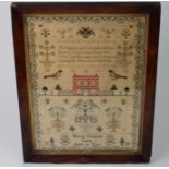 A 19TH CENTURY SAMPLER BY HARRIET ELIZABETH CONEY aged 8 with verse, 41 x 31cm, framed and glazed
