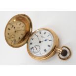 A 9CT GOLD WALTHAM FULL HUNTER POCKET WATCH with white dial black Roman numerals, a subsidiary