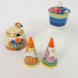 A COLLECTION OF CLARICE CLIFF CERAMICS including a Crocus pattern beehive honey pot, 8cm, a