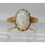 A JELLY OPAL RING set in bright yellow metal, multi claw setting, finger size O1/2, weight 3.2gms