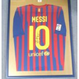 A MAROON AND BLUE BARCELONA REPLICA SHORT-SLEEVED SHIRT No.10, the reverse lettered Messi and also