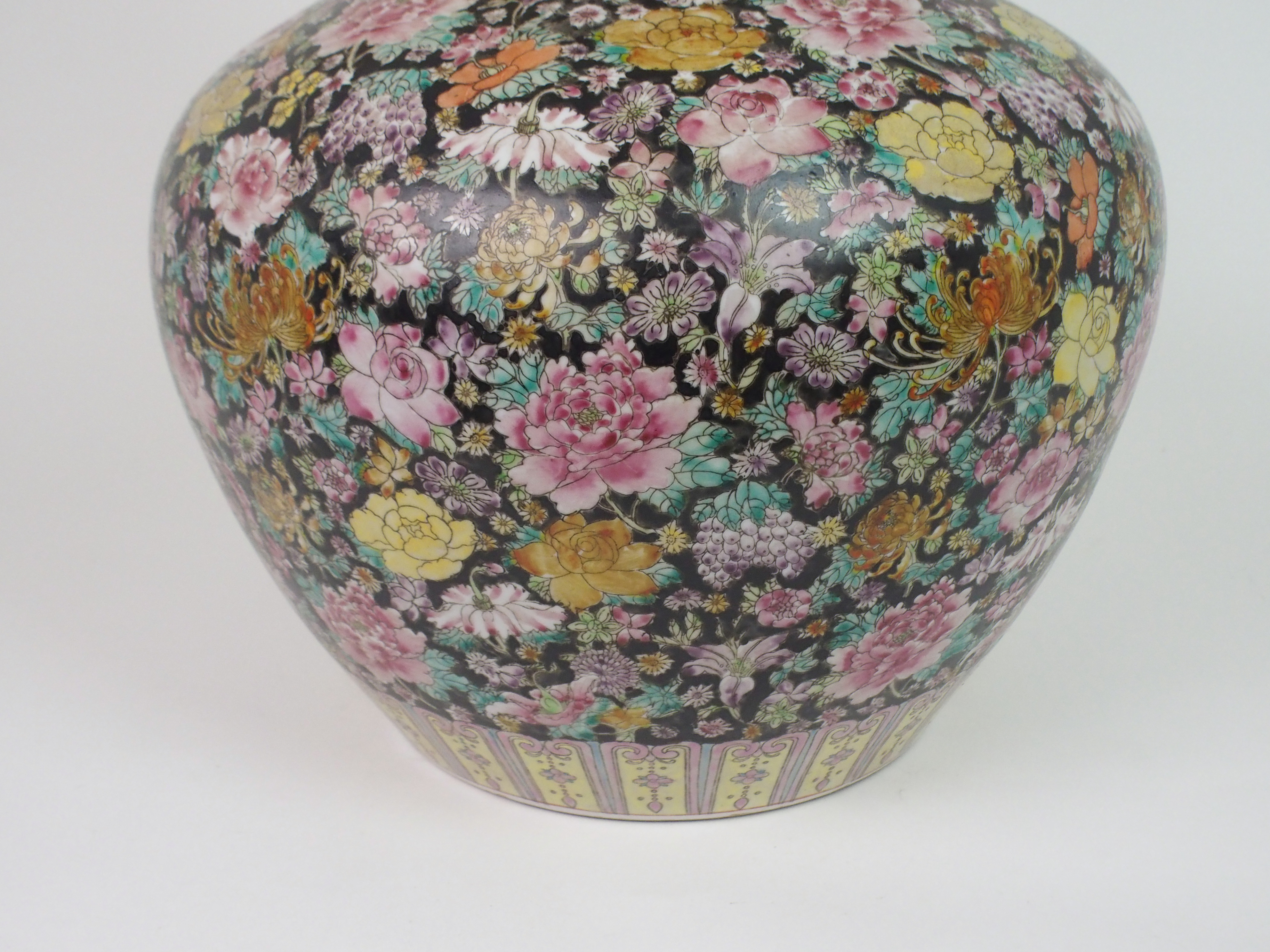 A LARGE CANTON MILLIEFIORI PATTERN BALUSTER VASE painted with allover floral design, within yellow - Image 6 of 10