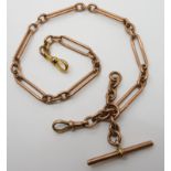 A 9CT ROSE GOLD FOB CHAIN WITH 'T' BAR AND TWO CLASPS every link stamped 9.375, length 39cm,
