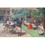 J WILLIAMSON (BRITISH 19TH/20TH CENTURY) IN THE PARK; A QUEUE AT THE BUTCHER'S SHOP Oil on board,