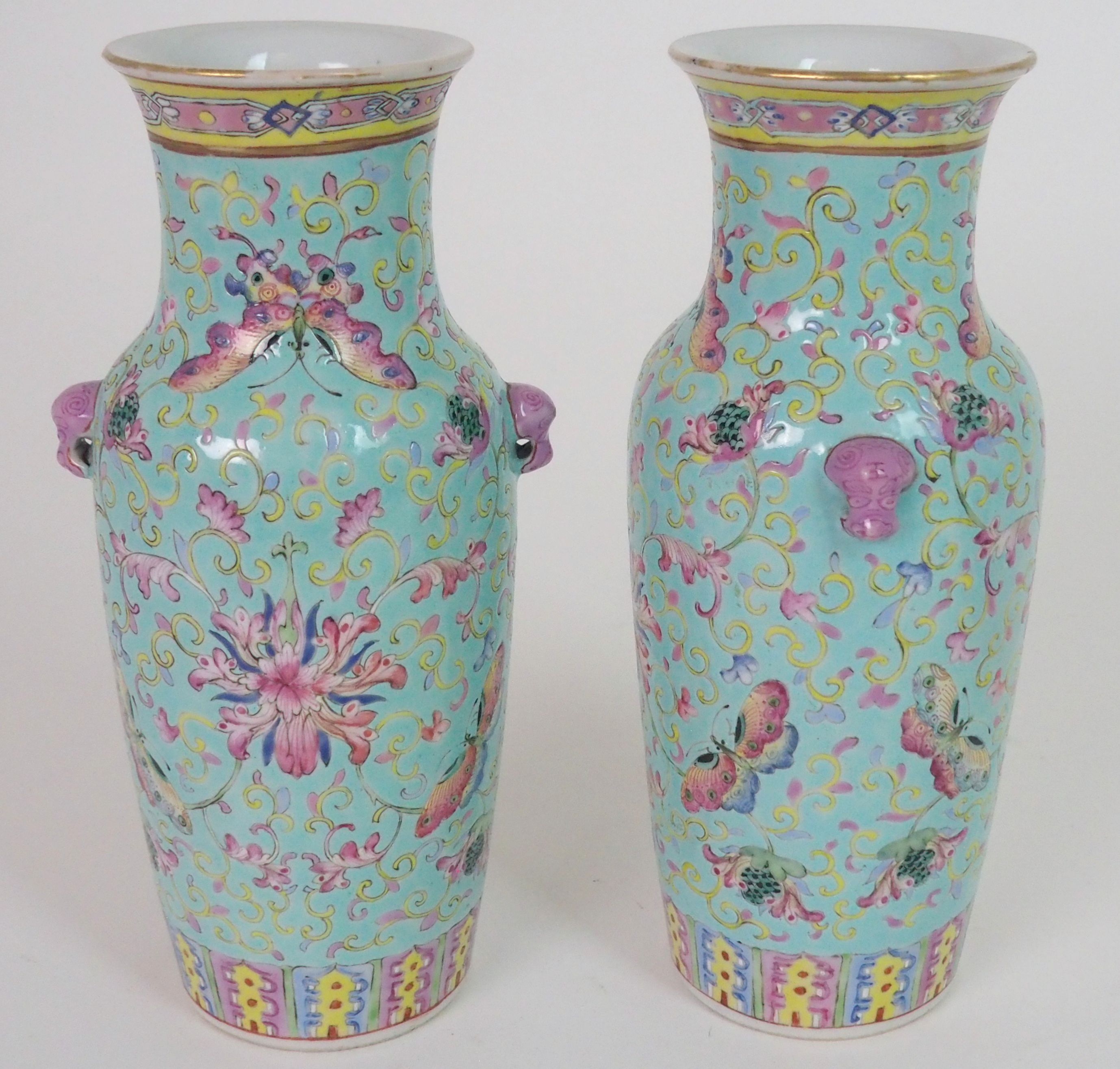 A PAIR OF CHINESE LILAC GROUND VASES paainted with butterflies, peonies and scrolling foliage, - Image 4 of 11