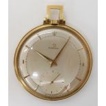 A 14K GOLD ART DECO OMEGA POCKET WATCH with two toned silvered dial, subsidiary seconds dial, gold