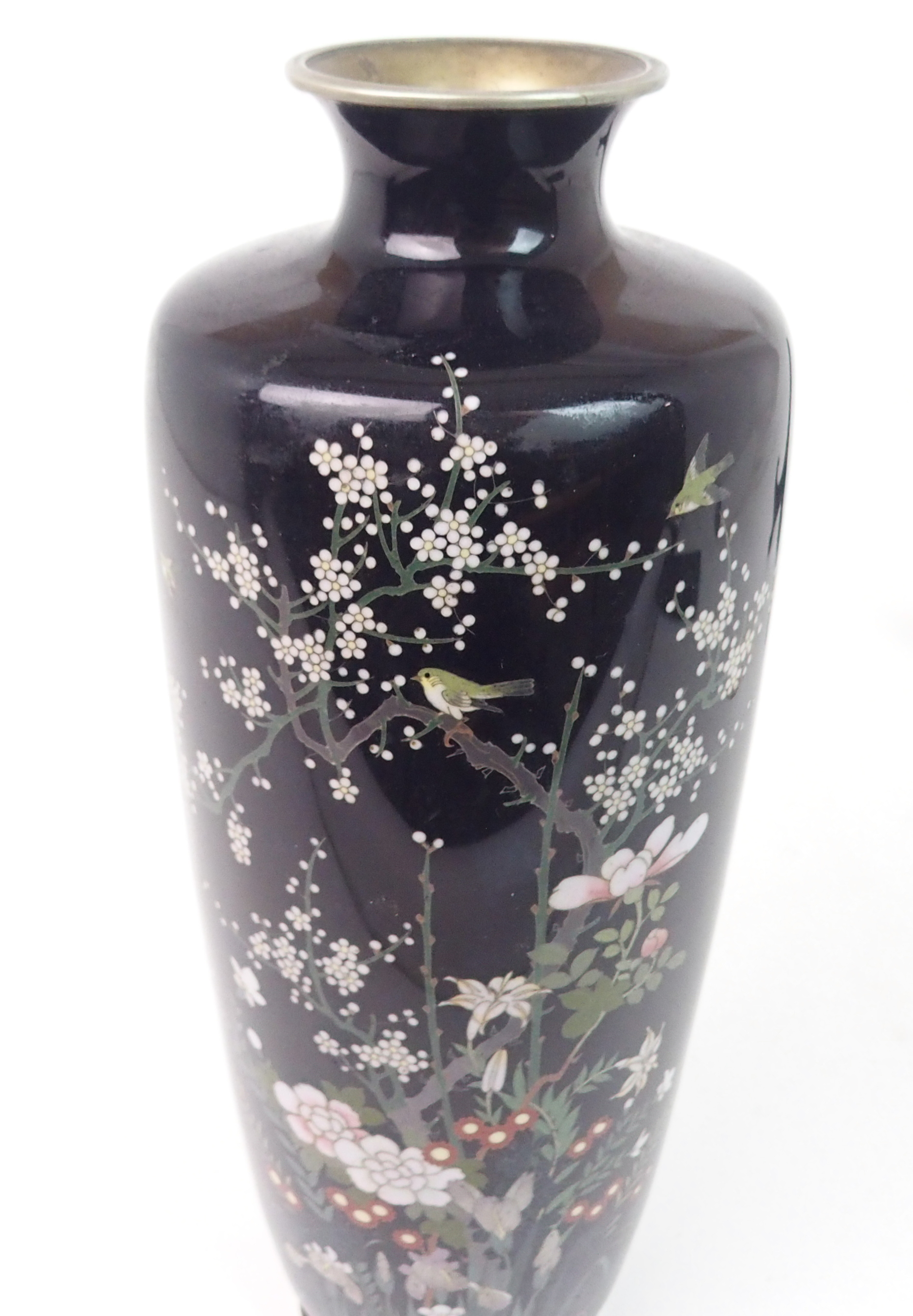 A JAPANESE CLOISONNE BALUSTER VASE decorated with birds on blossoming branches and over garden - Image 3 of 5