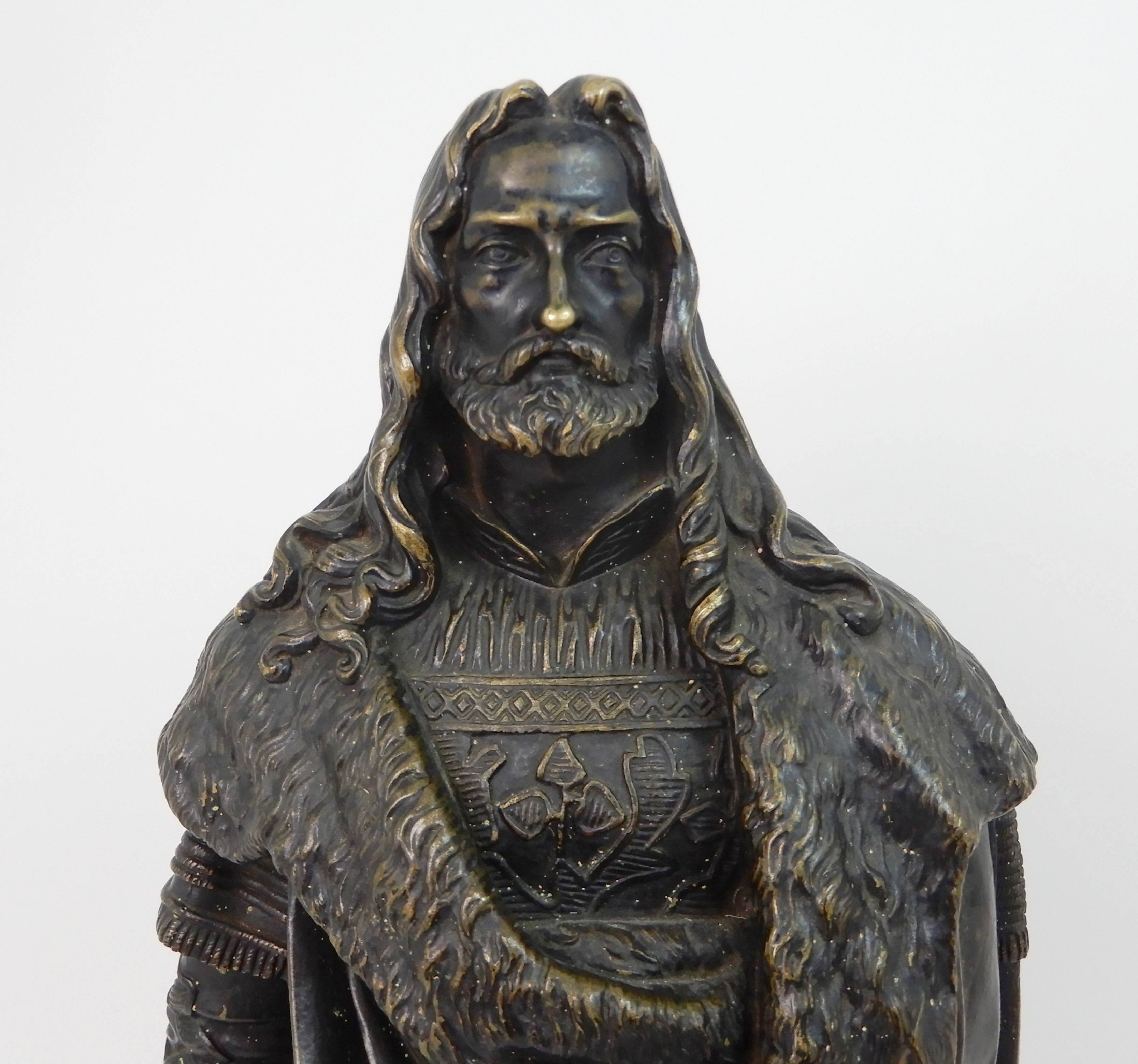 A BRONZED MODEL OF A MAN wearing fur trimmed robes, upon slate base, 46cm high Condition Report: - Image 3 of 7