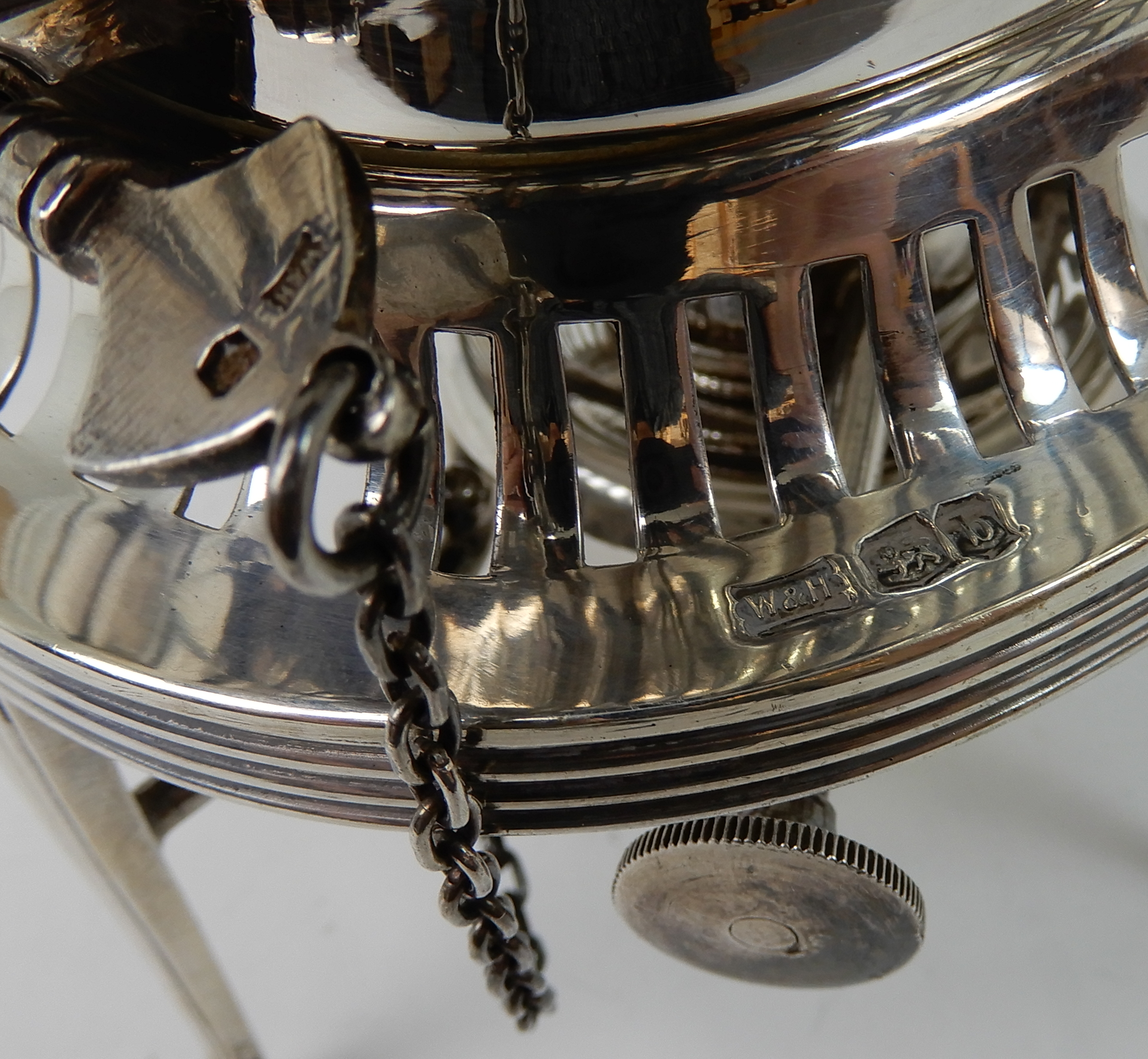 A SILVER SPIRIT KETTLE by Walker & Hall, Sheffield 1919, of curving rectangular form, with half - Image 6 of 10