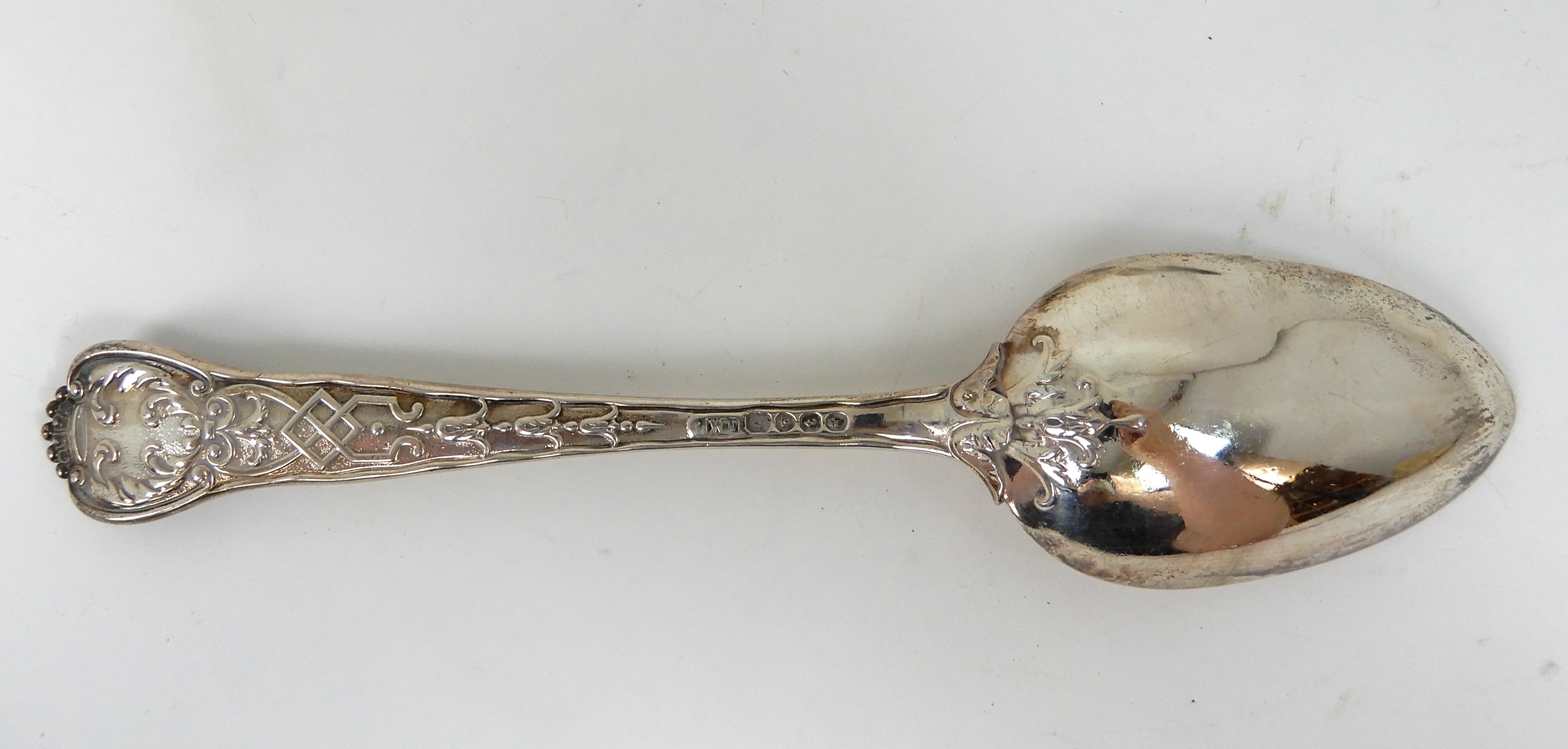 A SET OF SIX SILVER TABLESPOONS by William Theobold, London 1834, with ornately decorated stems, - Image 5 of 6