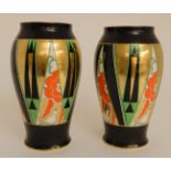 A PAIR OF ART DECO CROWN DEVON FIELDING'S ORIENT PATTERN VASES the body with geometric and flower