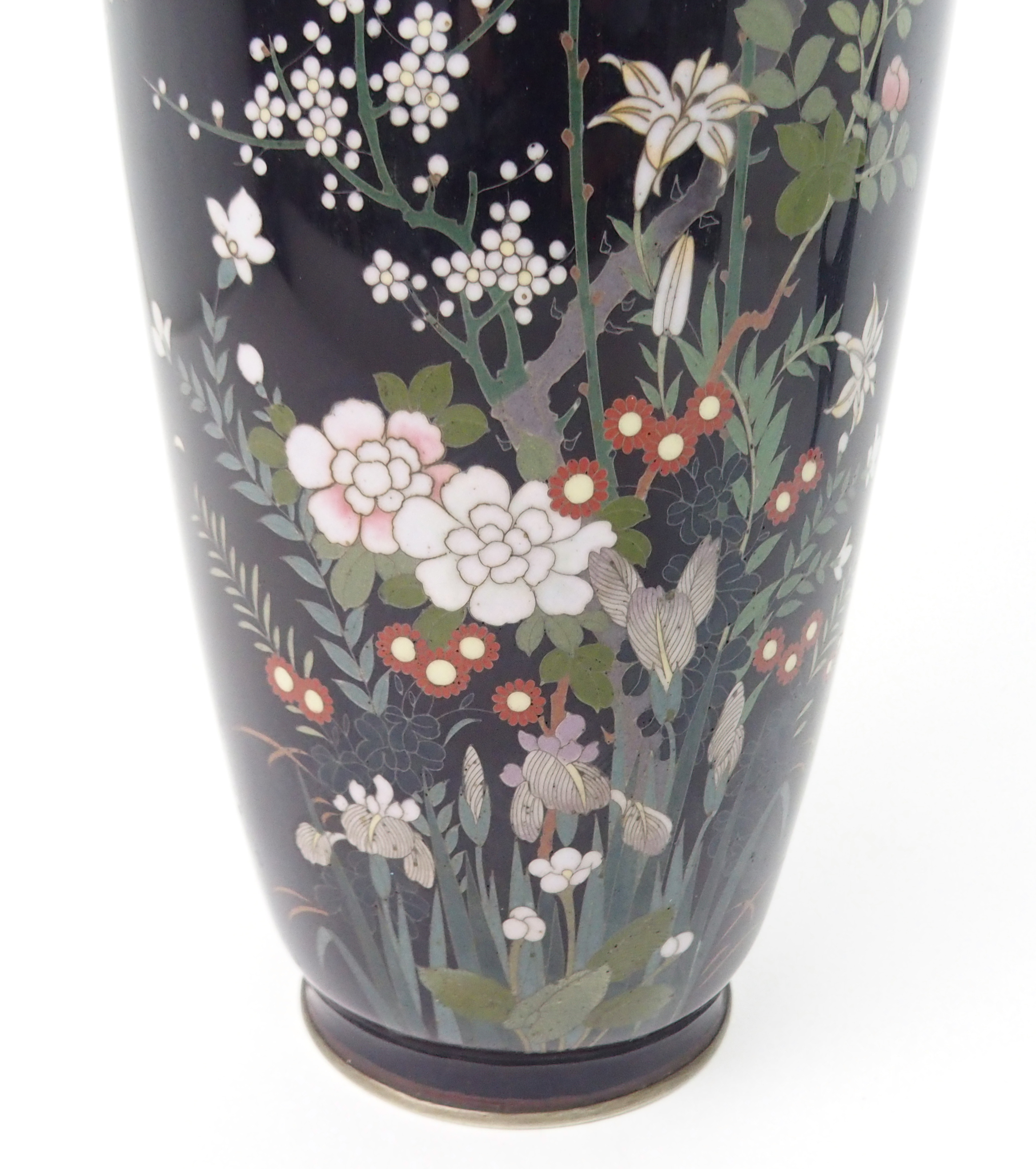 A JAPANESE CLOISONNE BALUSTER VASE decorated with birds on blossoming branches and over garden - Image 2 of 5