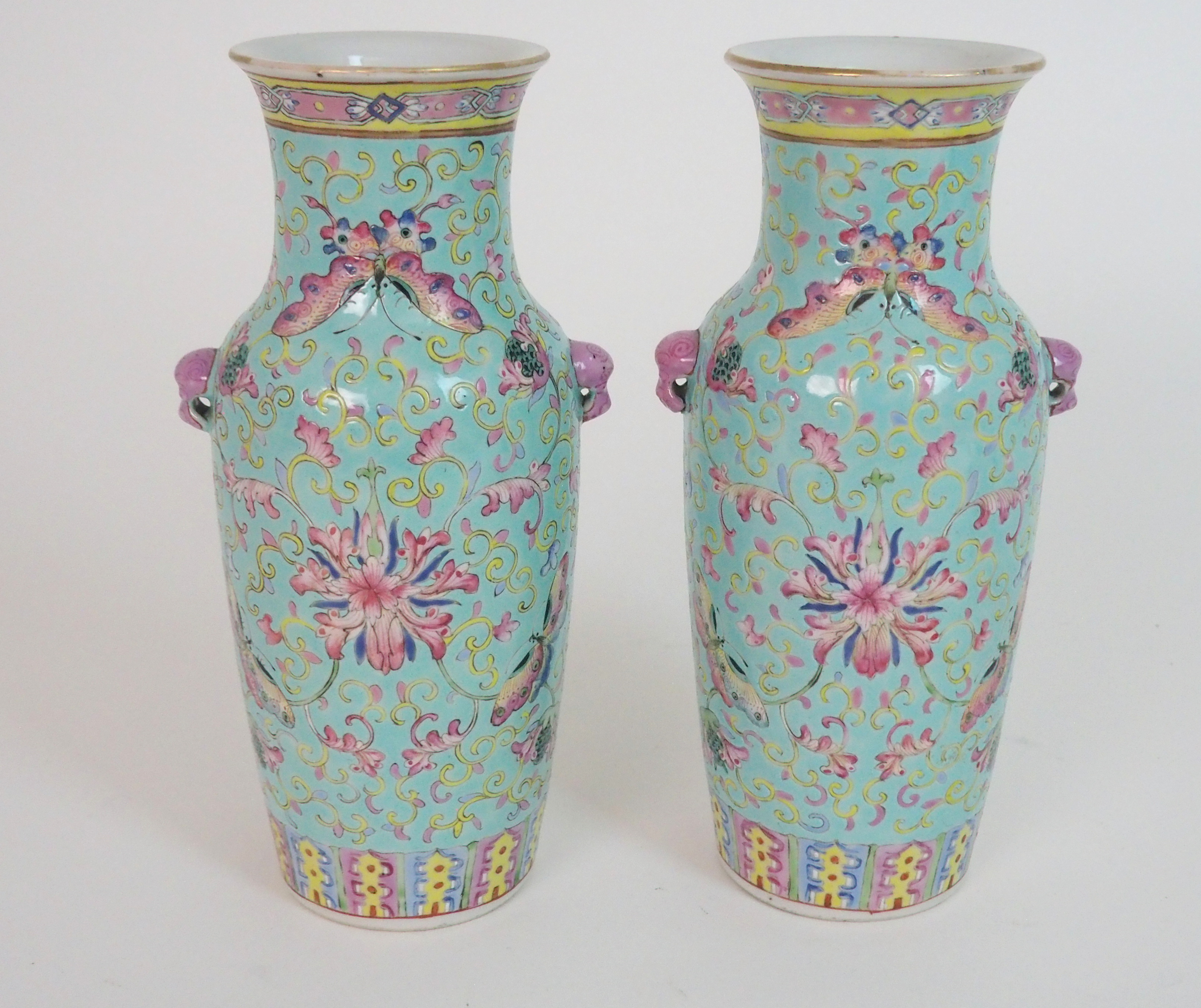 A PAIR OF CHINESE LILAC GROUND VASES paainted with butterflies, peonies and scrolling foliage, - Image 3 of 11