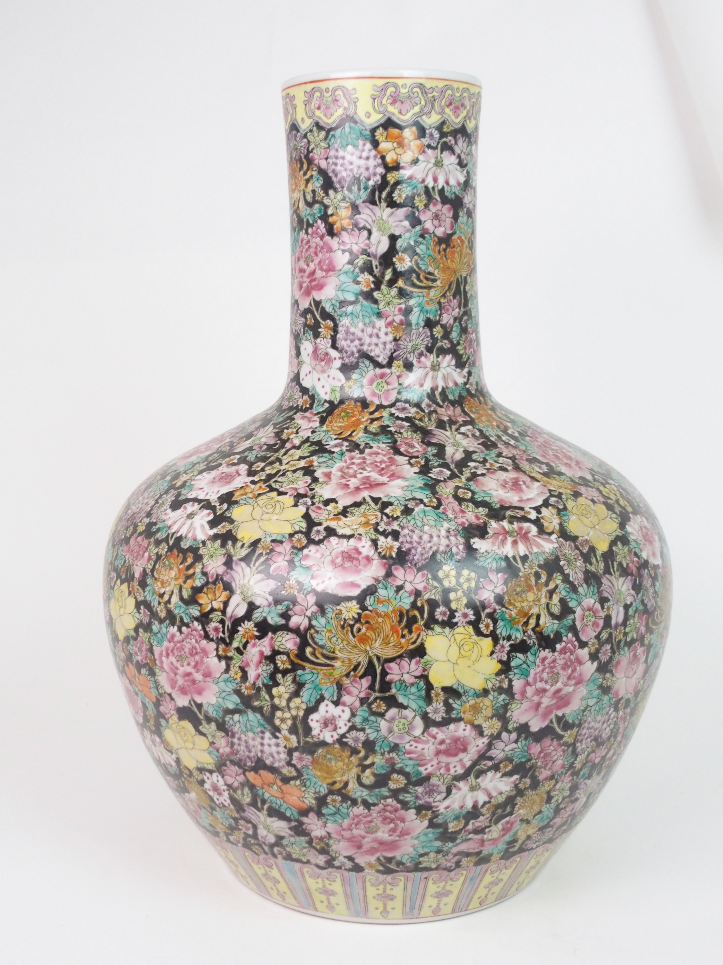 A LARGE CANTON MILLIEFIORI PATTERN BALUSTER VASE painted with allover floral design, within yellow - Image 5 of 10