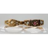TWO 15CT GOLD VINTAGE RINGS one set with a trio of pearls, hallmarked Birmingham 1879, finger size