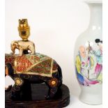 A SATSUMA ELEPHANT TABLE LAMP mounted on a wood stand, 18cm high overall and a baluster vase painted