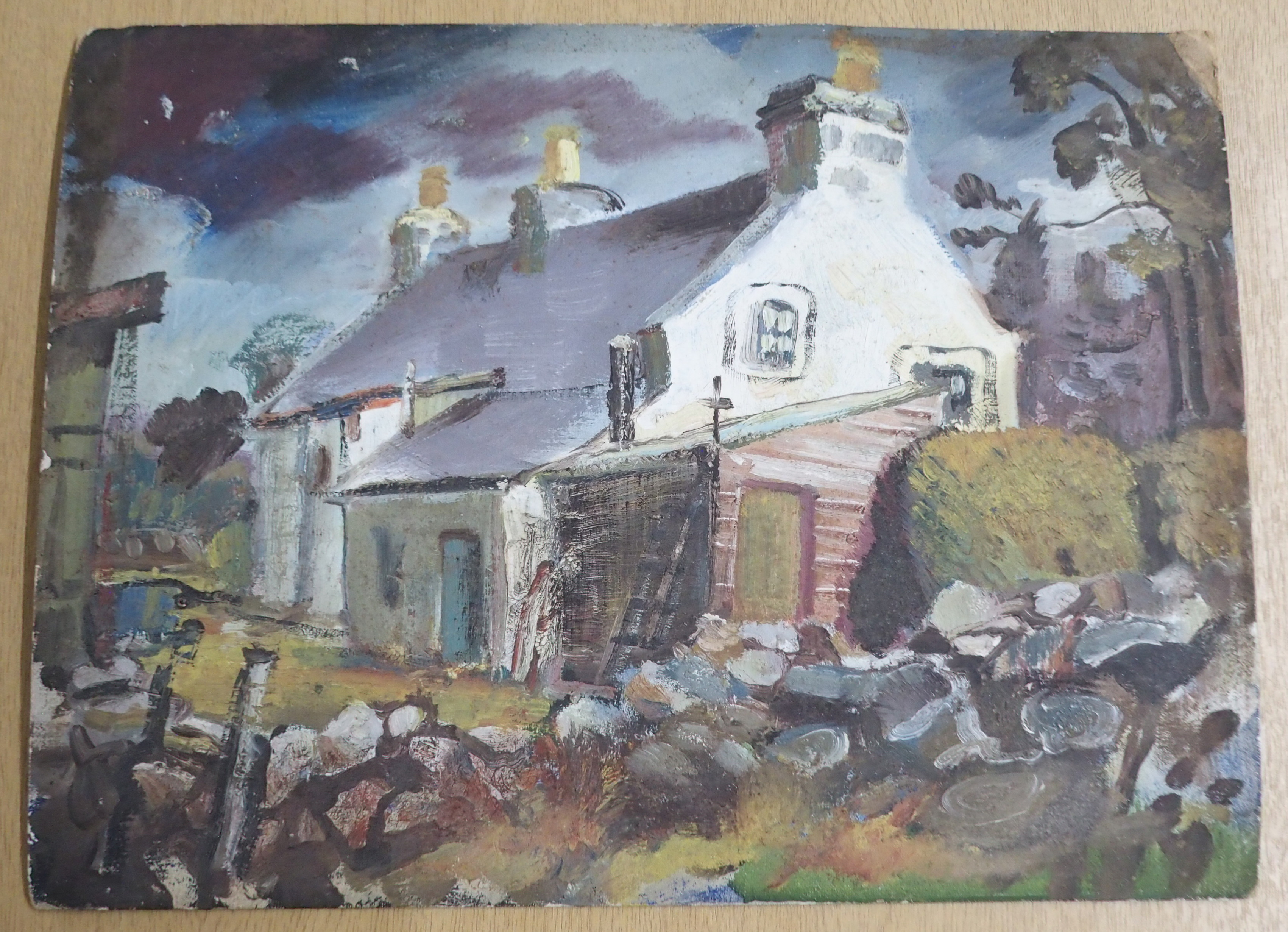 SCOTTISH SCHOOL (20TH CENTURY) COTTAGE AND OUTHOUSES Oil on board, 30.5 x 40.5cm (12 x 16")