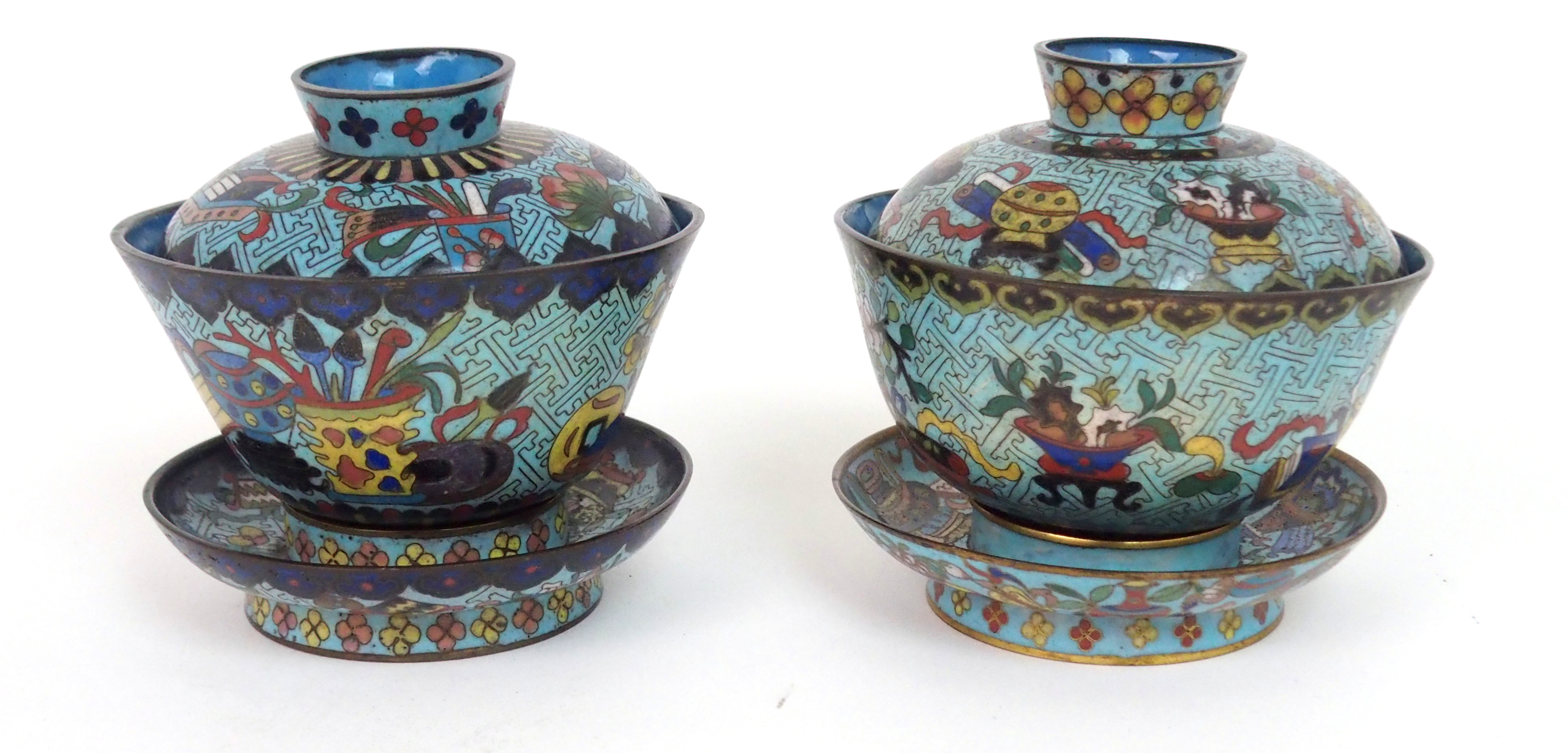 A PAIR OF CHINESE CLOISONNE BOWLS, COVERS AND STANDS decorated with precious objects on key