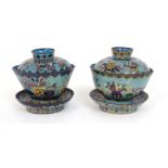 A PAIR OF CHINESE CLOISONNE BOWLS, COVERS AND STANDS decorated with precious objects on key