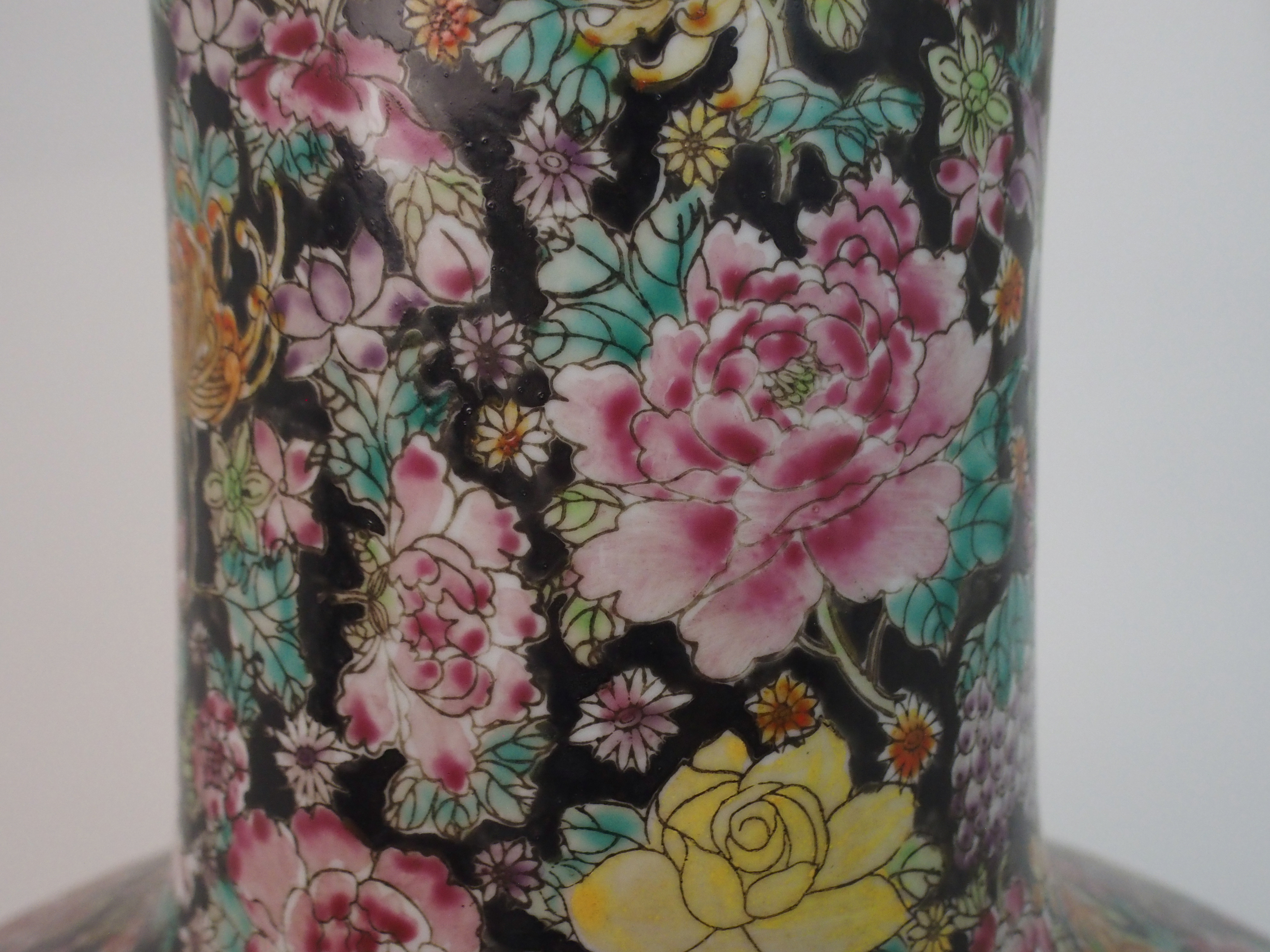 A LARGE CANTON MILLIEFIORI PATTERN BALUSTER VASE painted with allover floral design, within yellow - Image 7 of 10