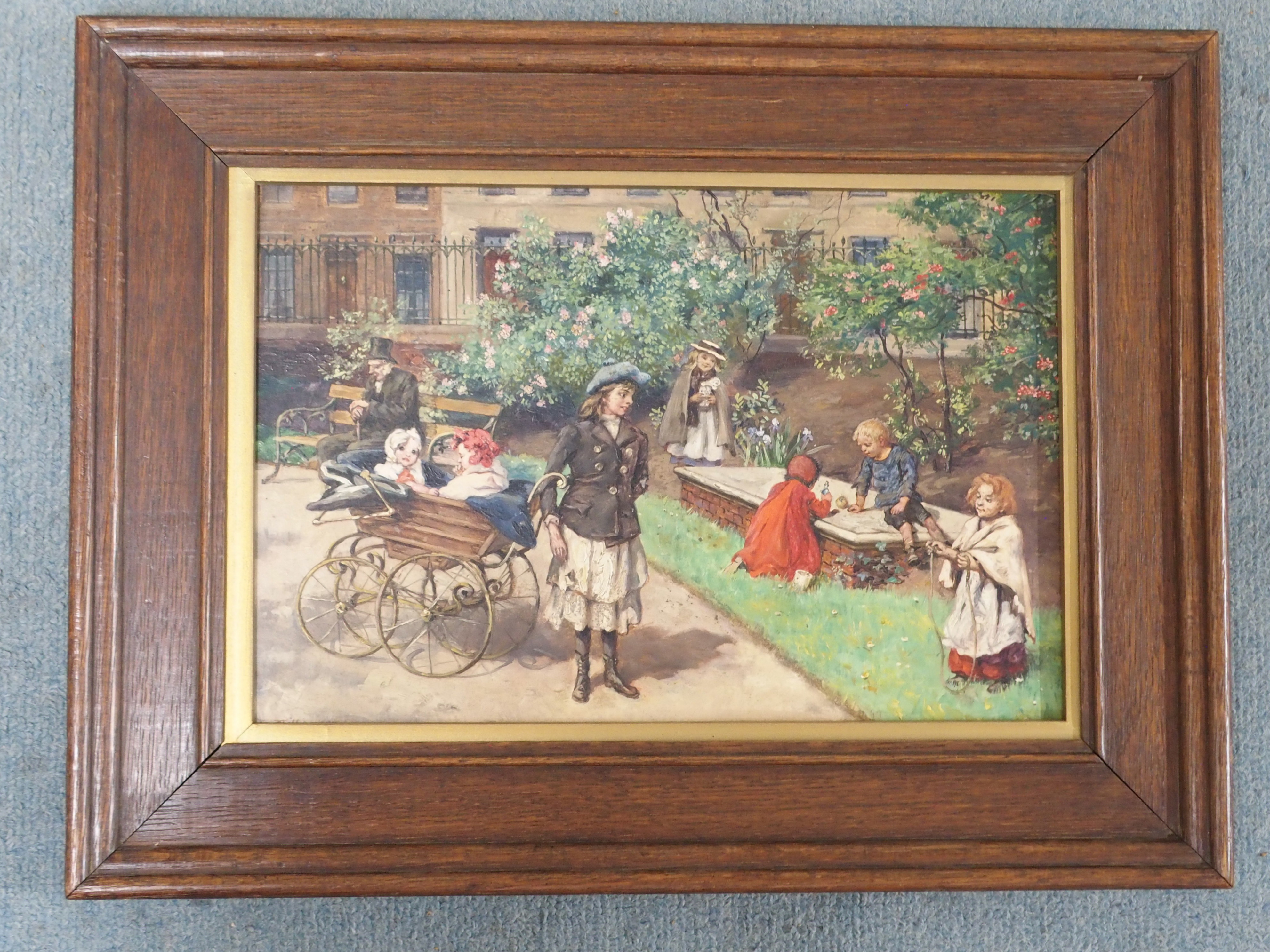 J WILLIAMSON (BRITISH 19TH/20TH CENTURY) IN THE PARK; A QUEUE AT THE BUTCHER'S SHOP Oil on board, - Image 3 of 9