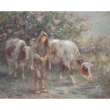 GEORGE SMITH RSA (SCOTTISH 1870-1934) FARM BOY WITH COWS BY CHERRY BLOSSOM (WHITE WISP HOUSE,