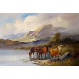 CHARLES W OSWALD (BRITISH FL. 1890-1900) HIGHLAND CATTLE BY A LOCH Oil on canvas, signed, 51 x
