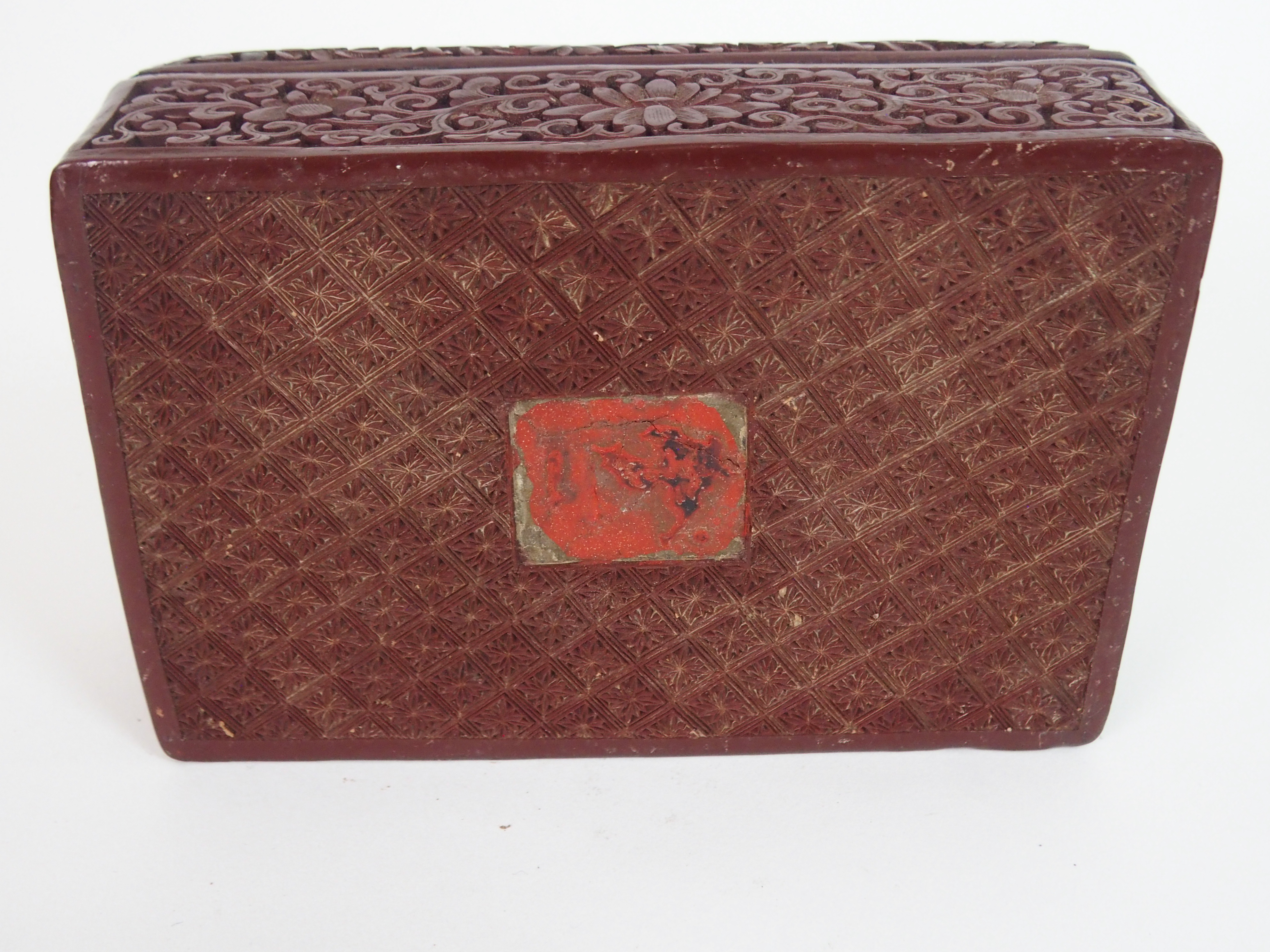 A CHINESE CINNABAR BOX AND COVER carved with kylin with precious objects and ribbons, above - Image 4 of 4