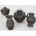 A CHINESE PEWTER AND COCONUT FOUR PIECE TEA SET comprising;tea pot, 13cm high, milk jug, 12cm