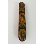 A PERSIAN LACQUER QUALMADAN painted with European subject portrait heads, animals and flower sprays,